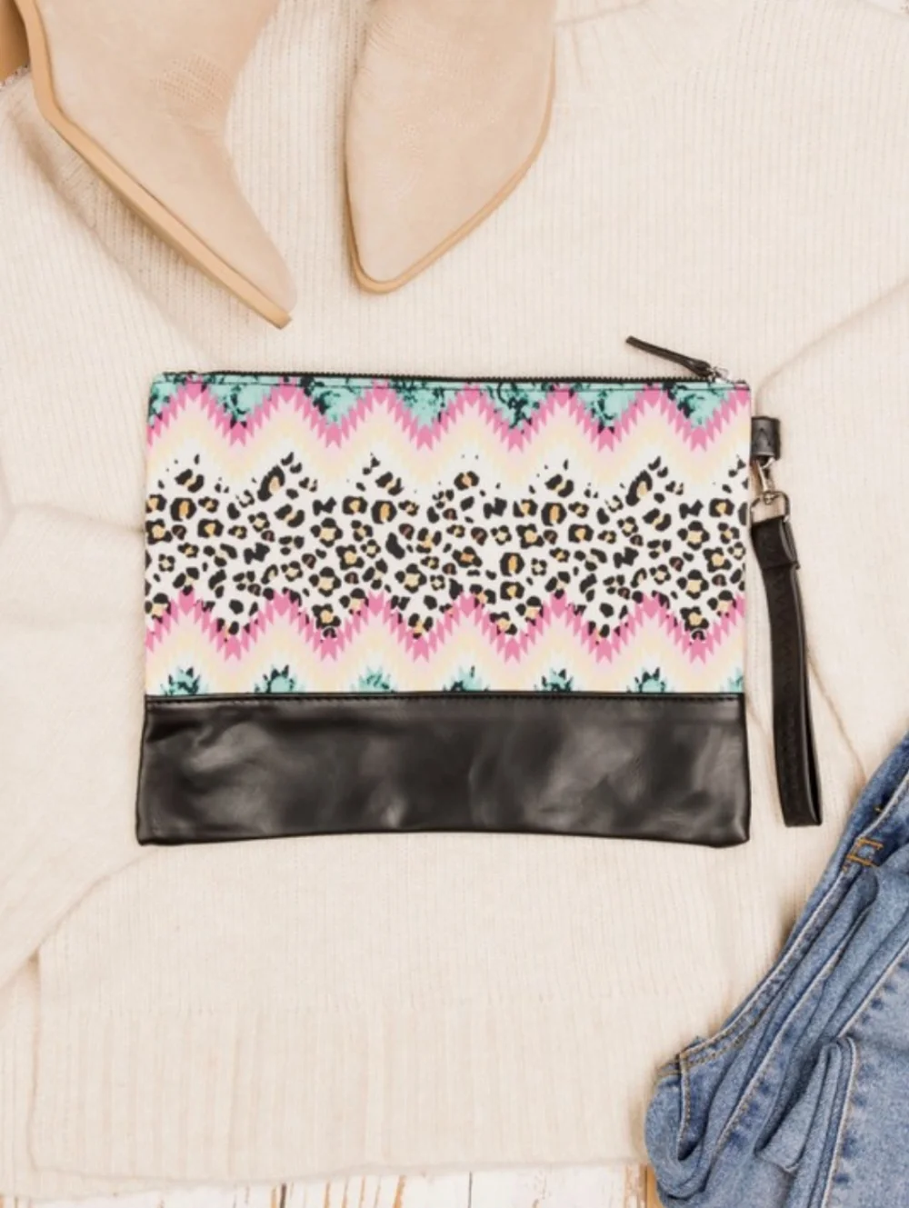 Leopard Aztec Print Clutch Wristlet | Boho Western Pouch | Black Trim Bag